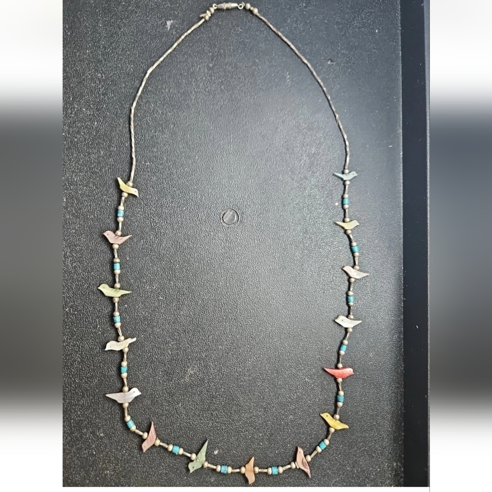 Vintage Zuni Fetish MOP & Turquoise Bird Necklace 24"